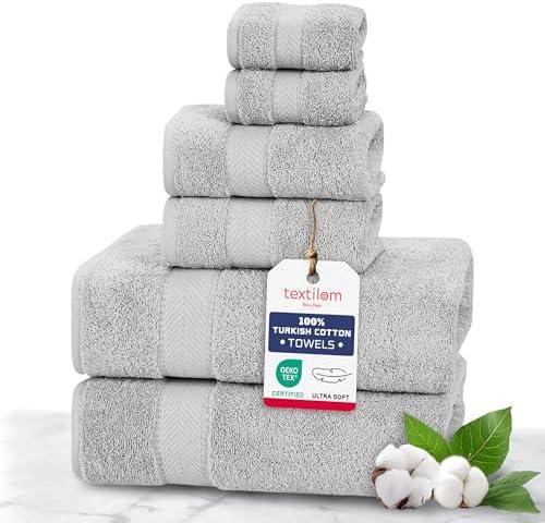 TEXTILOM 100% Turkish Cotton 5 Pcs Luxury Bath Towels, Soft & Absorbent Bathroom Towels Set (2 Bath Towel, 1 Hand Towel, 2 Washcloths)- Light Grey