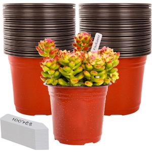 TDHDIKE 6 Inch Plastic Plant Nursery Pots (100pcs Pots and 100pcs Plant Labels) Seedling Flower Plant Container (Red) Seed Starting Pots Indoor/Outdoor