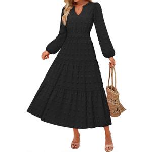 ZESICA Boho Fall Maxi Dresses for Women 2025 Dressy Casual Long Sleeve Swiss Dot Tiered Flowy Swing Wedding Guest Long Dress (Black, M)