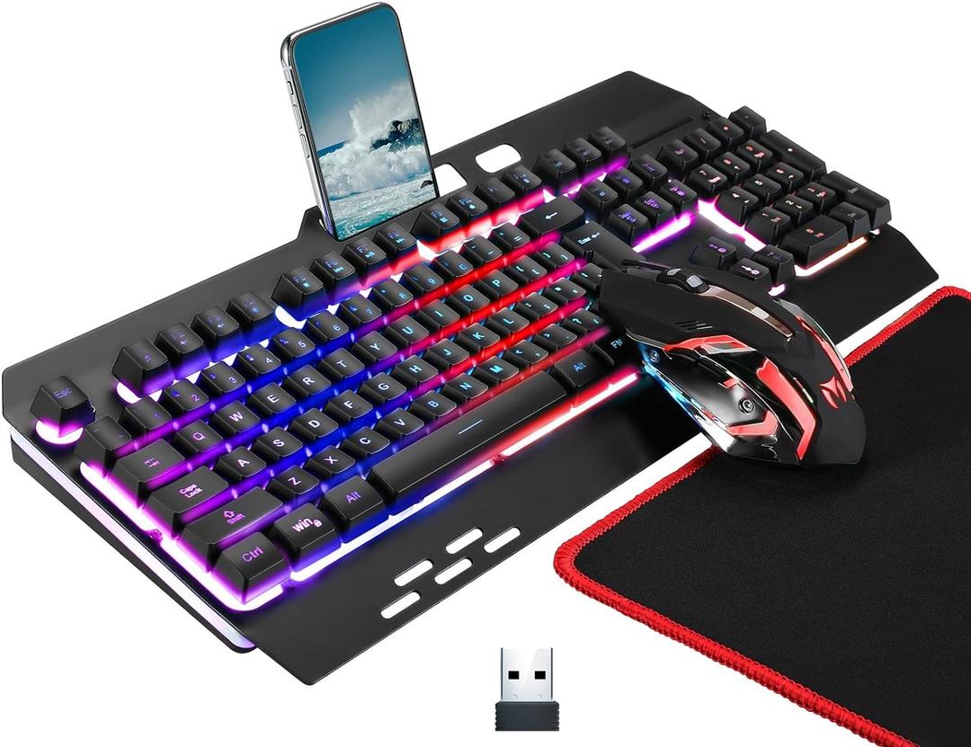Wireless RGB Gaming Keyboard and Mouse - Rechargeable Backlit,Long Battery Life,Metal Panel Mechanical Feel with Palm Rest,7 Color Gaming Mouse and Mouse Pad for Game and Work