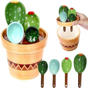 Stocking Stuffers for Women Christmas Gifts for Mom Housewarming Gift New Home Mothers Day Gifts Ceramic Cactus Measuring Cups and Spoons Set Organizer Cute 4 Size Measuring Spoons Set for Kitchen (Blue and Green)