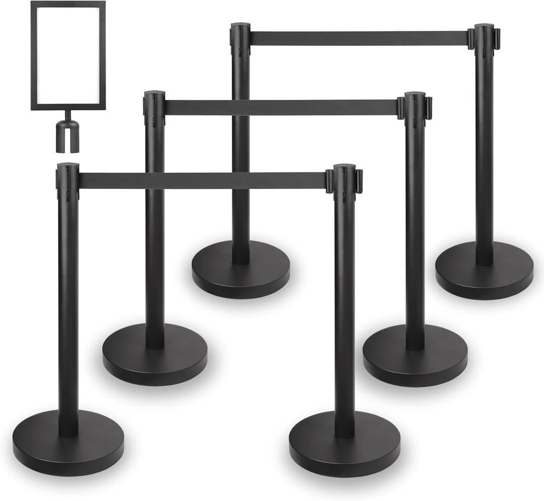 Crowd Control Stanchion Set with Sign Topper,Black Stanchion with 6.6 ft Black Retractable Belt Barriers,Crowd Control Barriers with Durable Refillable Enlarged Base 6 Pcs