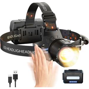 SKYFIRE Rechargeable Headlamp 3000 High Lumens, 7500mAh Motion Sensor LED Head Lights for Forehead with Zoomable, 13 Modes, 90 Adjustable Headlamps, Waterproof Head Lamp for Adults, Hunting, Fishing (Black)