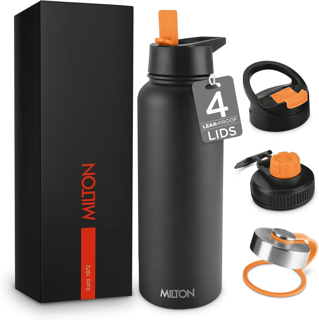 Milton 40 Oz Insulated Water Bottle With Leakproof 4 Lids, Stainless Steel Double Walled Vacuum Insulated Thermos, 12 Hour Hot, 24 Hrs Cold, Metal Travel Thermal Mug for Sports, Gym, Flassio, Black
