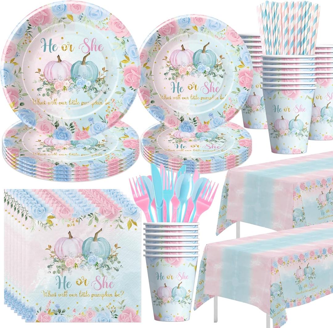 Thanksgiving Pumpkin Gender Reveal Decorations for Baby Shower, Little Pumpkin He Or She Gender Reveal Party Supplies, Disposable Paper Plate, Cup, Napkin, Tablecloth, Cutlery, Serves 24