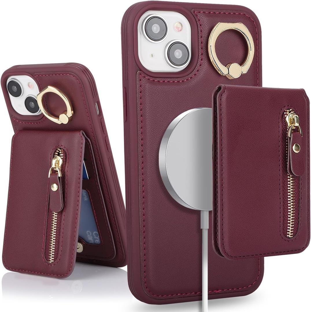 for iPhone 15 Phone case with Card Holder with Compatible magsafe Magnetic, Key Chain PU Leather Flip Kickstand Detachable 2-in-1 Wallet case for Apple15 Women Men-Red Wine