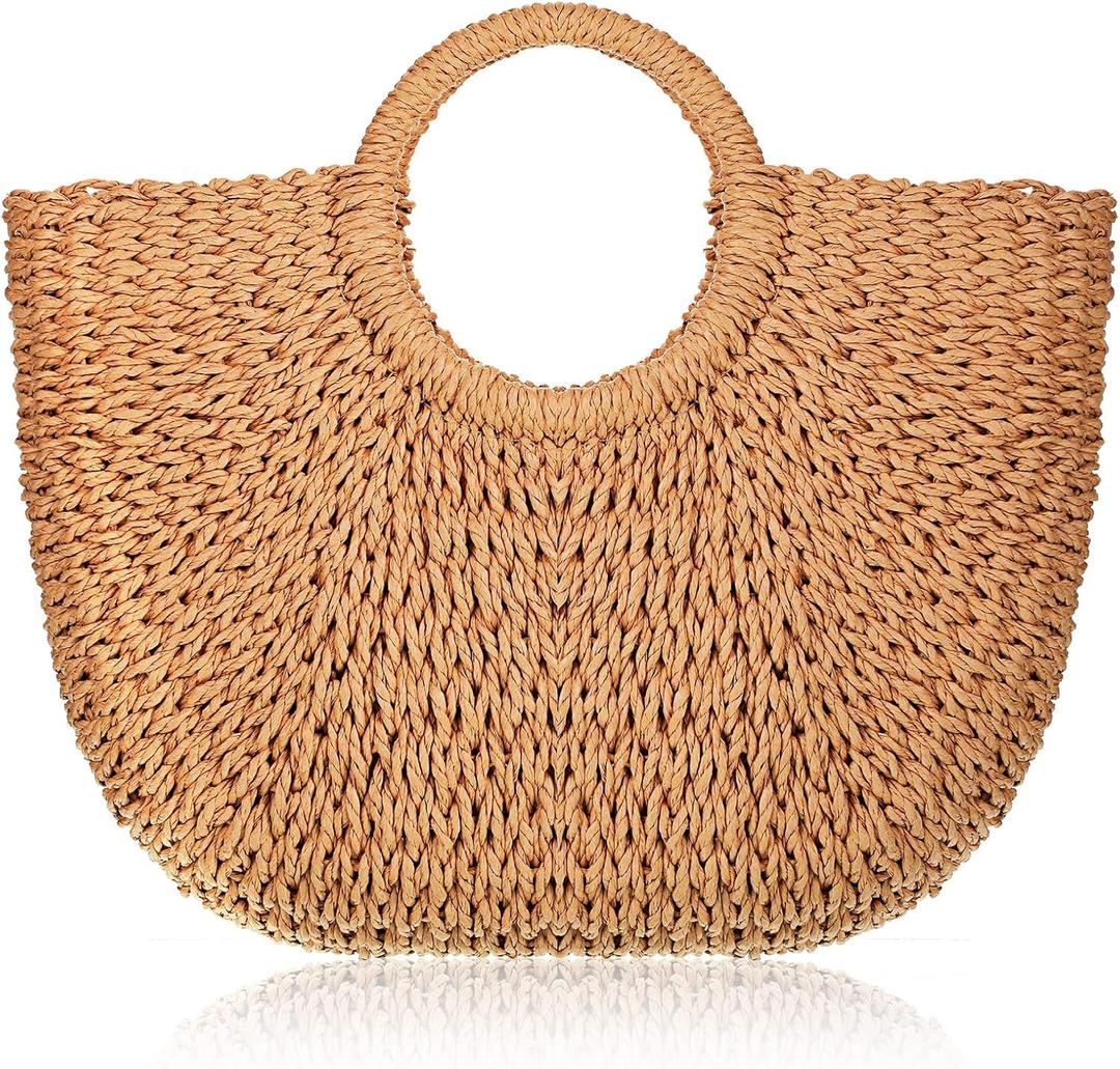 Frienda Straw Tote Bag Summer Beach Bag Handmade Straw Rattan Woven Handbag for Women Travel (12.6 x 7.87 x 8.66 Inch, Khaki)