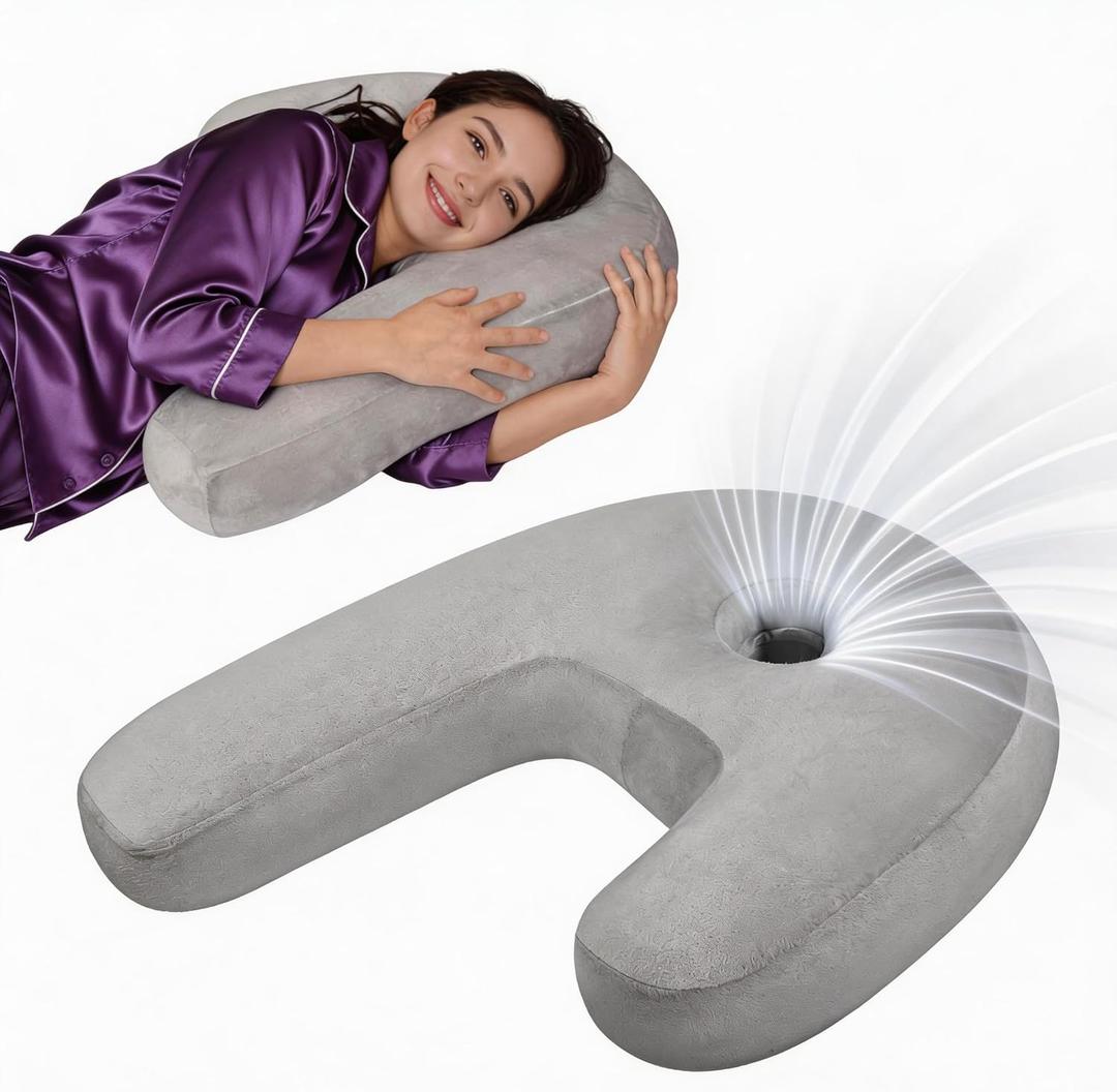 Ear Piercing Pillow - Side Sleeper Body Pillow with Ear Hole for Pain Relief, J-Shaped Ergonomic Support, 20x26 Inches (Grey)