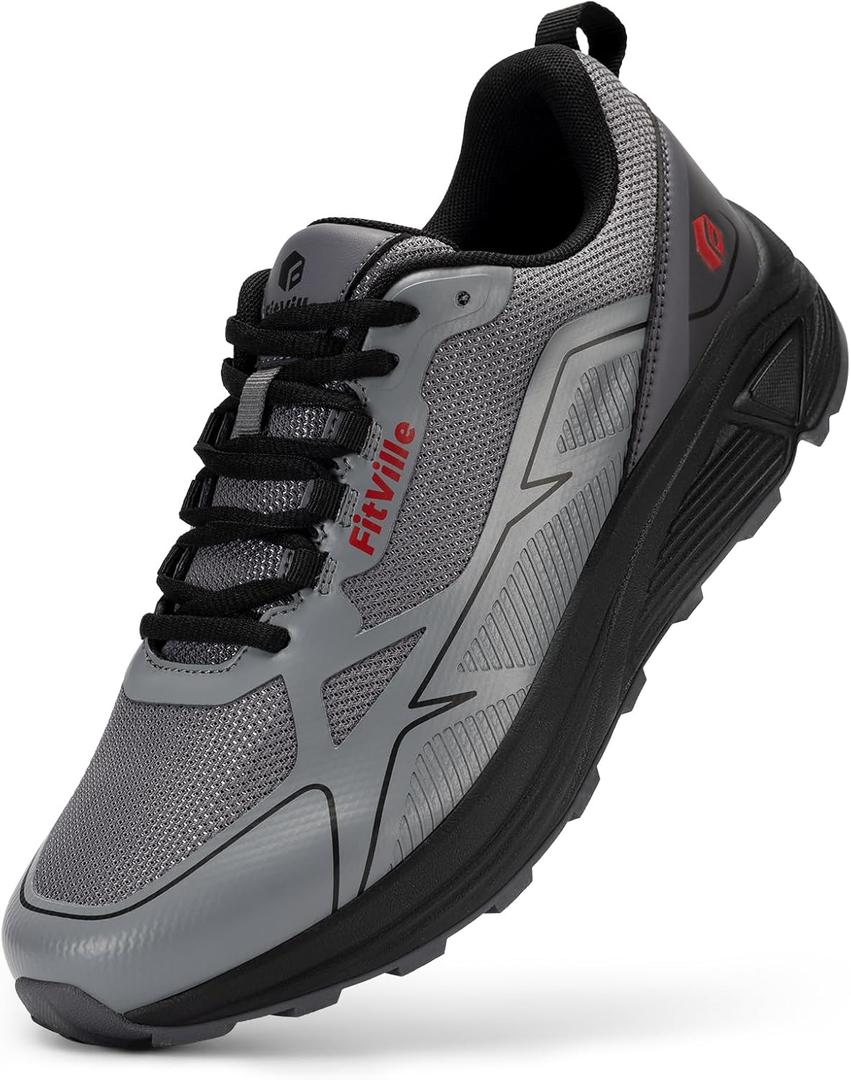 FitVille Wide Running Shoes for Men Trail Walking Sneakers Athletic Shoes with Wide Toe Box | Arch Support (Black Gray, 12,5)