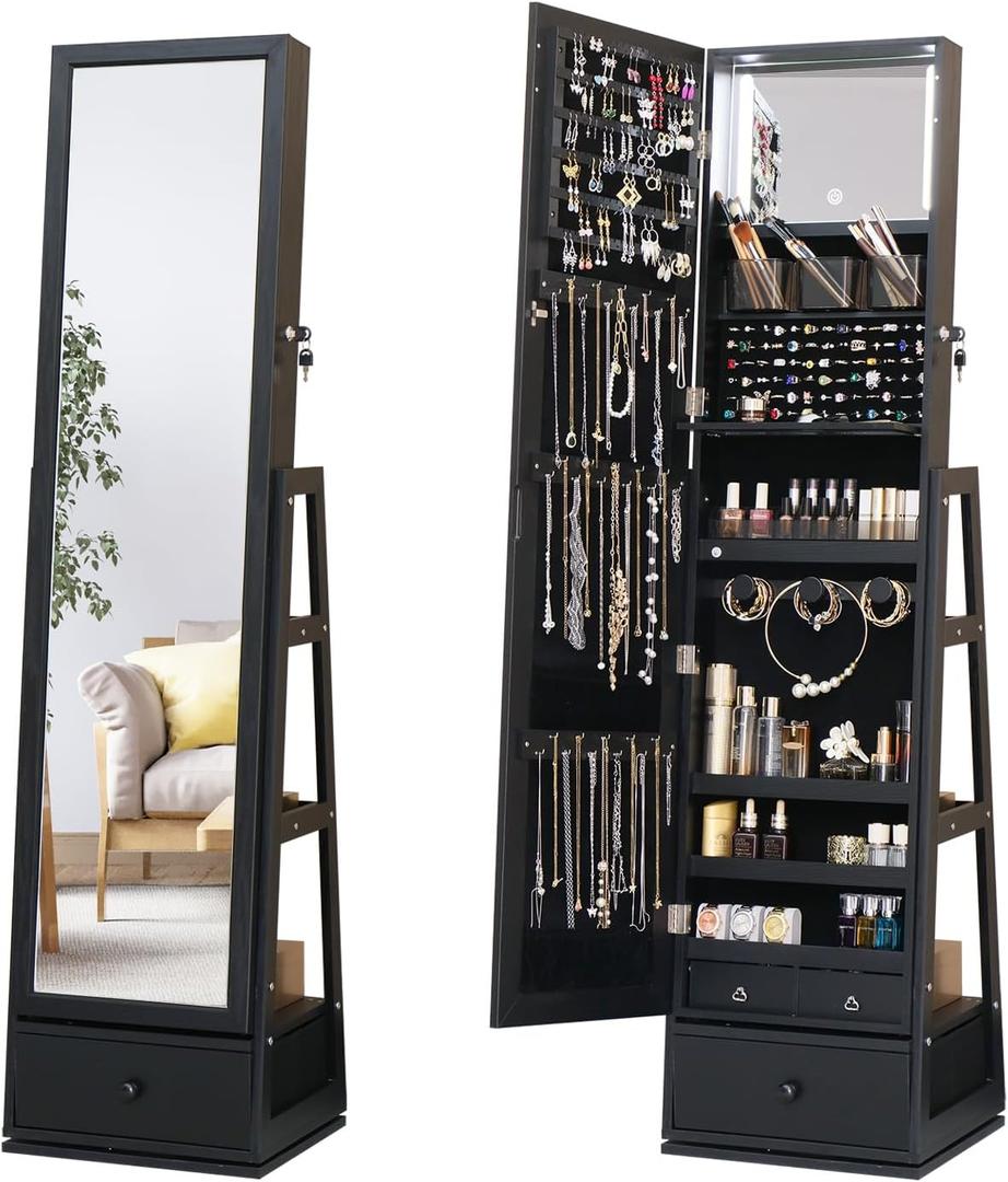 Full Length Jewelry Cabinet Standing With Built-In Mirror Jewelry Armoire With Mirror Drawers, Lockable Storage Mirror With Storage Racks Black, Size: 63.7x15.7
