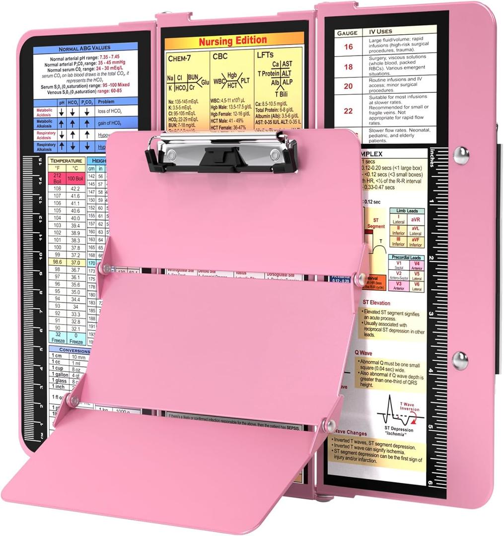 Nursing Clipboard Foldable, Foldable Clip Board w/Nursing Edition Cheat Charts, 3 Layers Aluminum, Nurse Plank w/Low Profile Clip&Pen Clip Pocket for Students, Nurses and Doctors, Pink