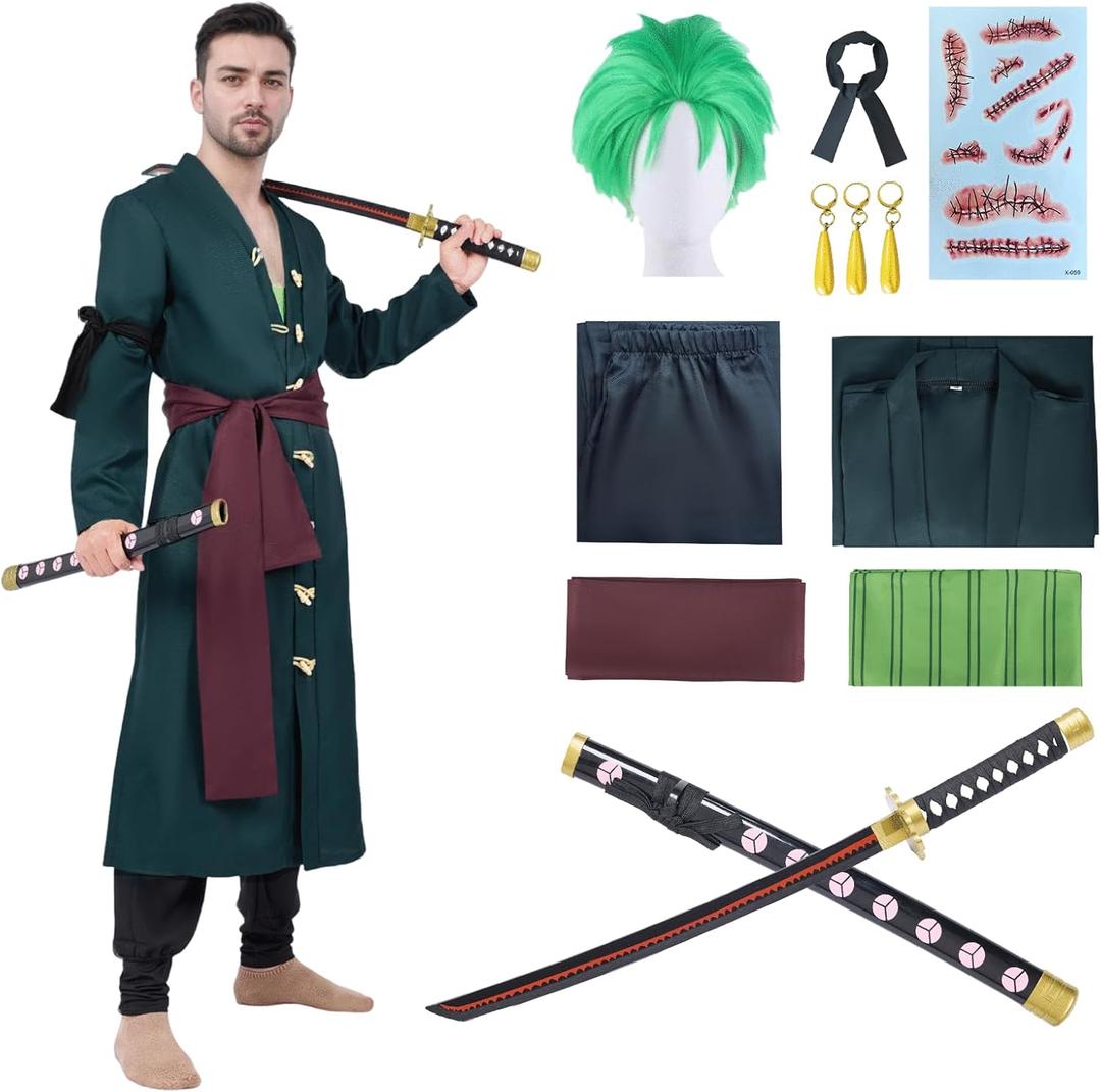 Halloween Costume Set for Mens Green Robe Anime Kimono cosplay Outfit with Sword earrings stickers wig (Medium)