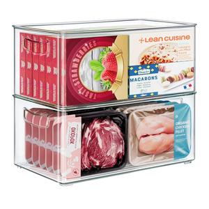 2 Pack Clear Freezer Organizer Bins Stackable Storage Bins with Side Handles for Kitchen Pantry Cabinet Organzation and Storage