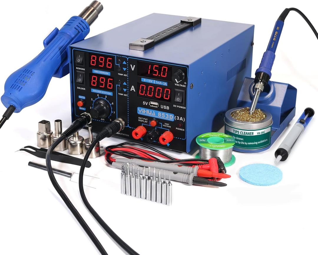 YIHUA 853D USB 3A-Three Tools- Soldering Station, Hot Air Rework Station and Power Supply 0~3A, 0-15V with output and test modes. Also C/F display, Digital Cal, Sleep Function