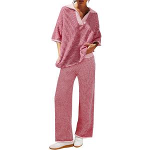 Tankaneo Womens Sweater Set Striped 2 Piece Outfits Oversized 3/4 Sleeve V Neck Knit Tops Wide Leg Pants Fall Lounge Sets (Small, Pink)