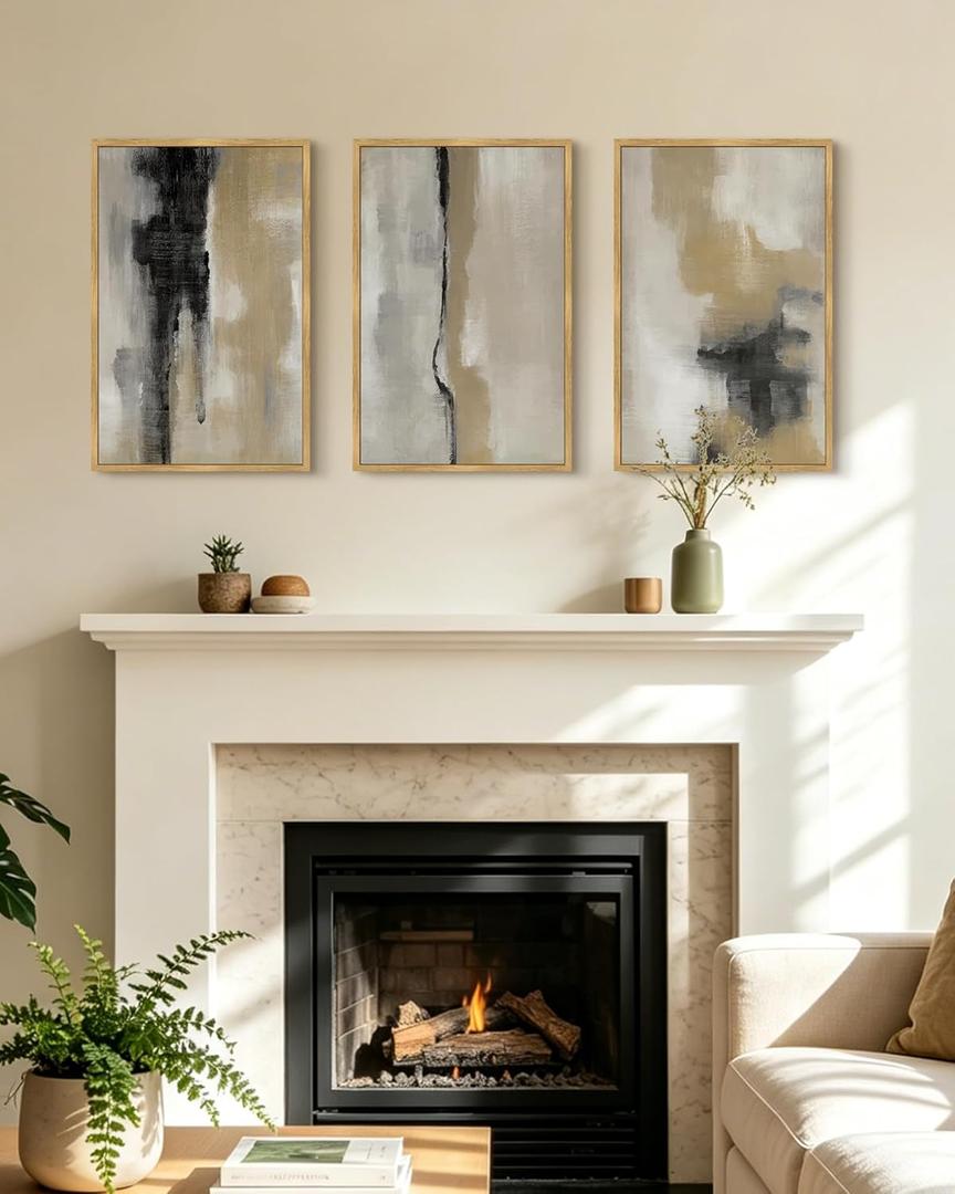 KUVIOKE Black Abstract Framed Wall Art Neutral Graffiti Pastel Minimalist Wall Decor Modern Art Painting for Bedroom Living Room 16x24in (Natural Framed)