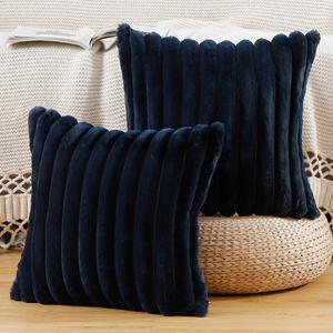 MADIZZ Set of 2 Faux Wool Plush Decorative Throw Pillow Covers 18x18 Inch Dark Blue Fluffy Striped Soft Decorative Cushion Cover for Sofa Bedroom Pillow Shell (18" x 18" (Pack of 2), Dark Blue)