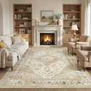 9x12 Rugs for Living Room, Washable Area Rug Beige Vintage Carpet for Bedroom Dining Room Nursery, Non-Slip Soft Thin Stain Resistant, Retro Floral Rugs