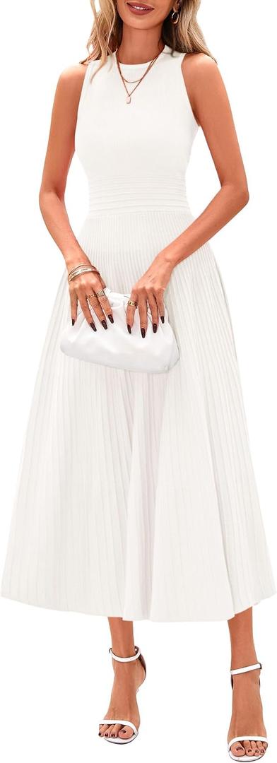PRETTYGARDEN Spring Casual Dresses for Women 2026 Summer Business Work Midi Sleeveless A Line Pleated Cocktail Dress (White, M)