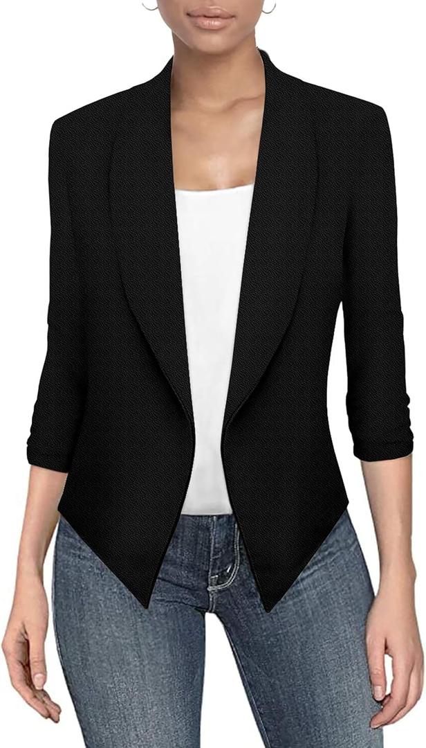 Hybrid & Company Lightweight Open Front Cardigan Classic Ruched Sleeve Work Office Blazer Suit Jackets (Medium, Black)