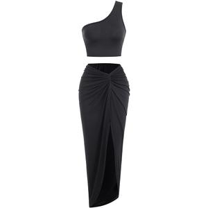 ZAFUL Women's Casual Sleeveless Summer Two Piece Outfits Crop Top and Side Split Draped Ruched Maxi Skirt Set Solid Suiting (Large, 1-black)
