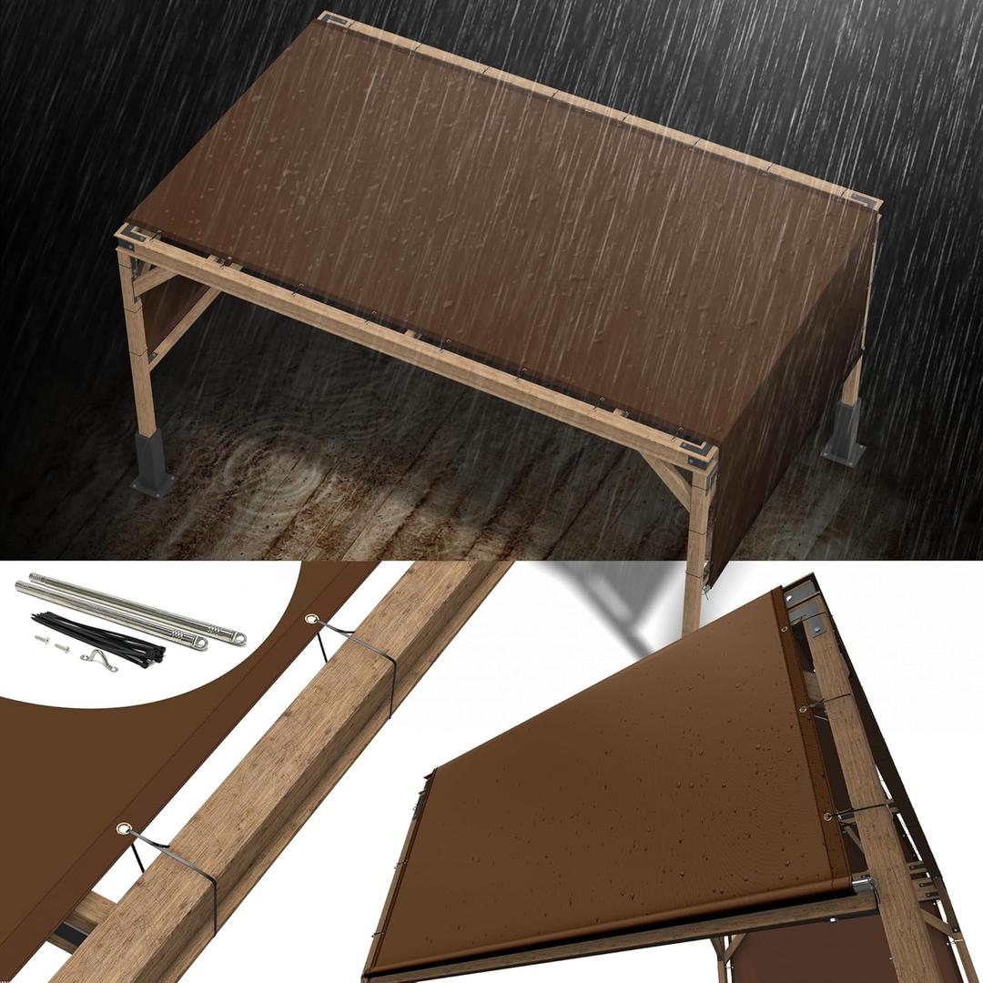 ShadeMart 8' x 12' Pergola Waterproof Brown Sun Shade Canopy Replacement Cover UPF50, Commercial Grade 260 GSM Cloth for Outdoor Patio, Include Stainless Steel Weighted Rods (We Make Custom Size)