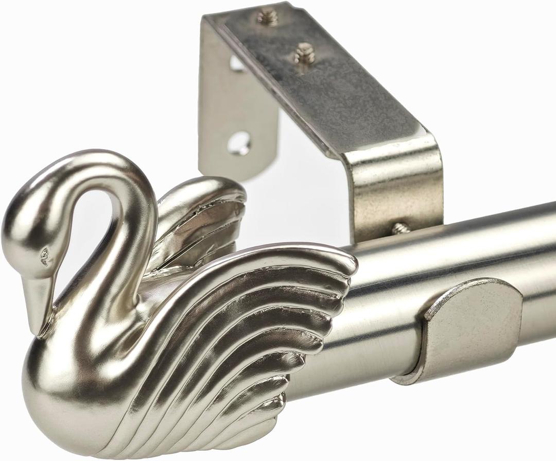 1-1/8 Inch Diameter Brushed Silver Curtain Rods with Swan Finial, 72-144'' Telescoping Single Curtain Rods for window width 68-140 inch, 1 pack