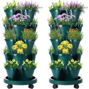Umigy 2 Set 5 Tier Stackable Planters Vertical Garden Planters for Strawberry Herb Flower and Vegetable Indoor Outdoor Gardening Pots with Removable Wheels and Bottom(Dark Green)
