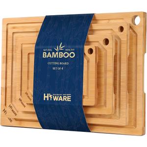 Hiware 4-Piece Extra Large Bamboo Cutting Boards Set for Kitchen, Heavy Duty Cutting Board with Juice Groove, Bamboo Chopping Board Set for Meat, Vegetables - Pre Oiled (Natural)