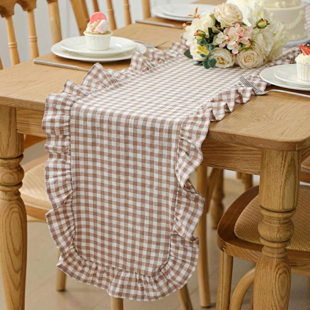 Taupe Gingham Ruffled Table Runner 72 Inches Long Scalloped Table Runner Rustic Cotton Tabletop Farmhouse Decor for Baby Shower Bride Shower Birthday Party Holiday Wedding