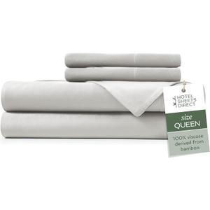 Hotel Sheets Direct 4 Piece Bed Sheet Set Queen Size, 100% Viscose Derived from Bamboo Sheets Set with 2 Pillowcases, Cooling & Breathable Luxury Bedding, Moisture-Wicking & Silky Soft, Light Gray