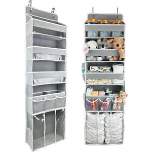 Door Hanging Storage Organizer, with 3 Bins 1 Movable Baby Diaper Caddy,1 Large capacity diaper stacking storage Organizer,10 Side Pockets ,Bedroom Door Storage for Nursery Baby Essentials. Grey 1 Pack.