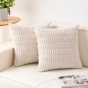 Pack of 2 Corduroy Decorative Throw Pillow Covers 18x18 InchSoft Boho Striped Pillow Covers Modern Farmhouse Home Decor for Sofa Living Room Couch BedCream White