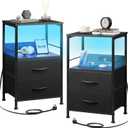 WLIVE Night Stand Set of 2 with Charger Station, Black Nightstand Sets with 2 Fabric Drawers and Storage Shelf, LED Bedside Table, Bedroom Small End Tables with 3 USB Ports and 2 AC Outlets