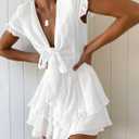 PRETTYGARDEN Women Summer Short Dress 2026 Casual V Neck Short Sleeve Tiered Bow Mini Sun Dresses Beach Vacation Sundress (White, XL)