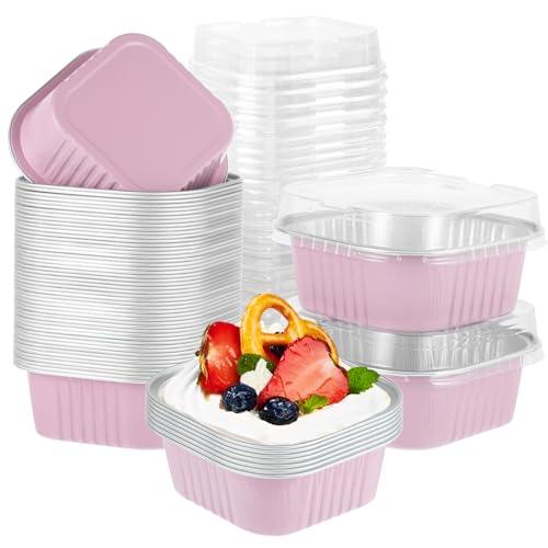 100Pcs Square Aluminum Baking Cake Pans with Clear Plastic Lids, Foil Pie Tin Tart Pans Disposable Ramekins Browni Baking Cups Dessert Cups for Wedding Birthday Party,5oz Pink