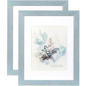 KAIWIN 100% Solid Wood Blue 11x14 Picture Frame 2 Pack Display Picture 8x10 with Mat, HD Plexiglass Inside, Rustic Wooden Photo Frames for Wall Mounting