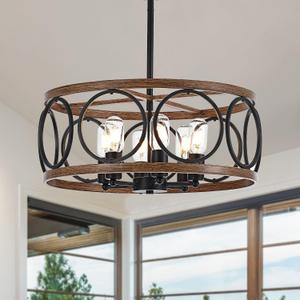 6-Light Farmhouse Drum Pendant Light,19.7'' Nature Wood Texture Vintage Rustic Chandeliers Black Metal Industrial Hanging Light Fixtures for Entryway, Bedroom Dining Room