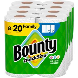 Bounty Quick Size Paper Towels, White, 8 Family Rolls = 20 Regular Rolls (Packaging May Vary) (107 sheet (Pack of 8))