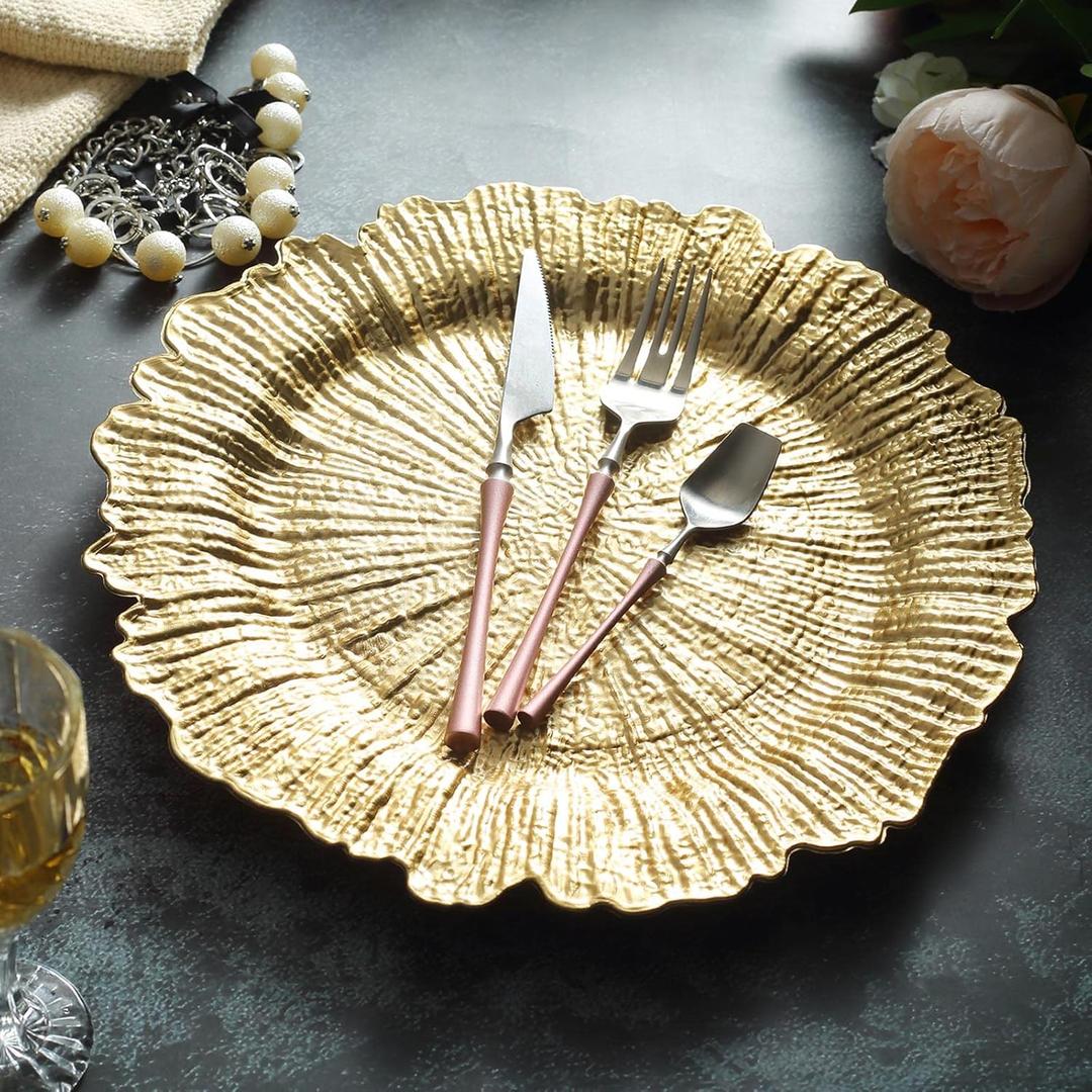 Tableclothsfactory 6 Pack 13" Round Gold Acrylic Reef Charger Plates Ruffled Rim Dinner Charger Plates for Weddings Events