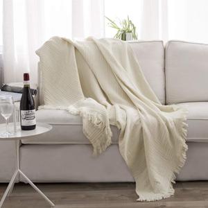 Simple&Opulence Cotton Muslin Throw Blanket for Bed, Couch, Knit Woven Gauze Blanket with Tassels, Soft Lightweight Cozy Pre-Washed Breathable Farmhouse Decoration for All-Season (Cream)