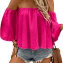 SweatyRocks Women's Sexy Cute Off Shoulder Ruffle Hem Flowy Chiffon Blouses Top (Hot Pink)