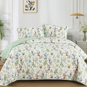 Anibedding Floral Quilt Set Full Size,3 Pieces Flower Pattern Bedspread Coverlet, Garden Style Soft Lightweight Microfiber Bedding Set with 2 Pillowcases for All Season (78"×90",Green)