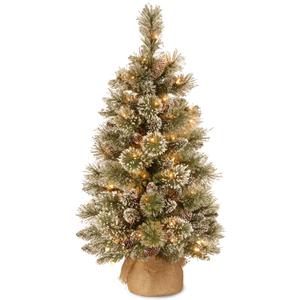 National Tree Company 3 ft Pre-Lit Glittery Bristle Mini Artificial Christmas Tree, Pinecones, 35 Clear LED Lights, 144 Tips, Timer, Burlap Base, Green