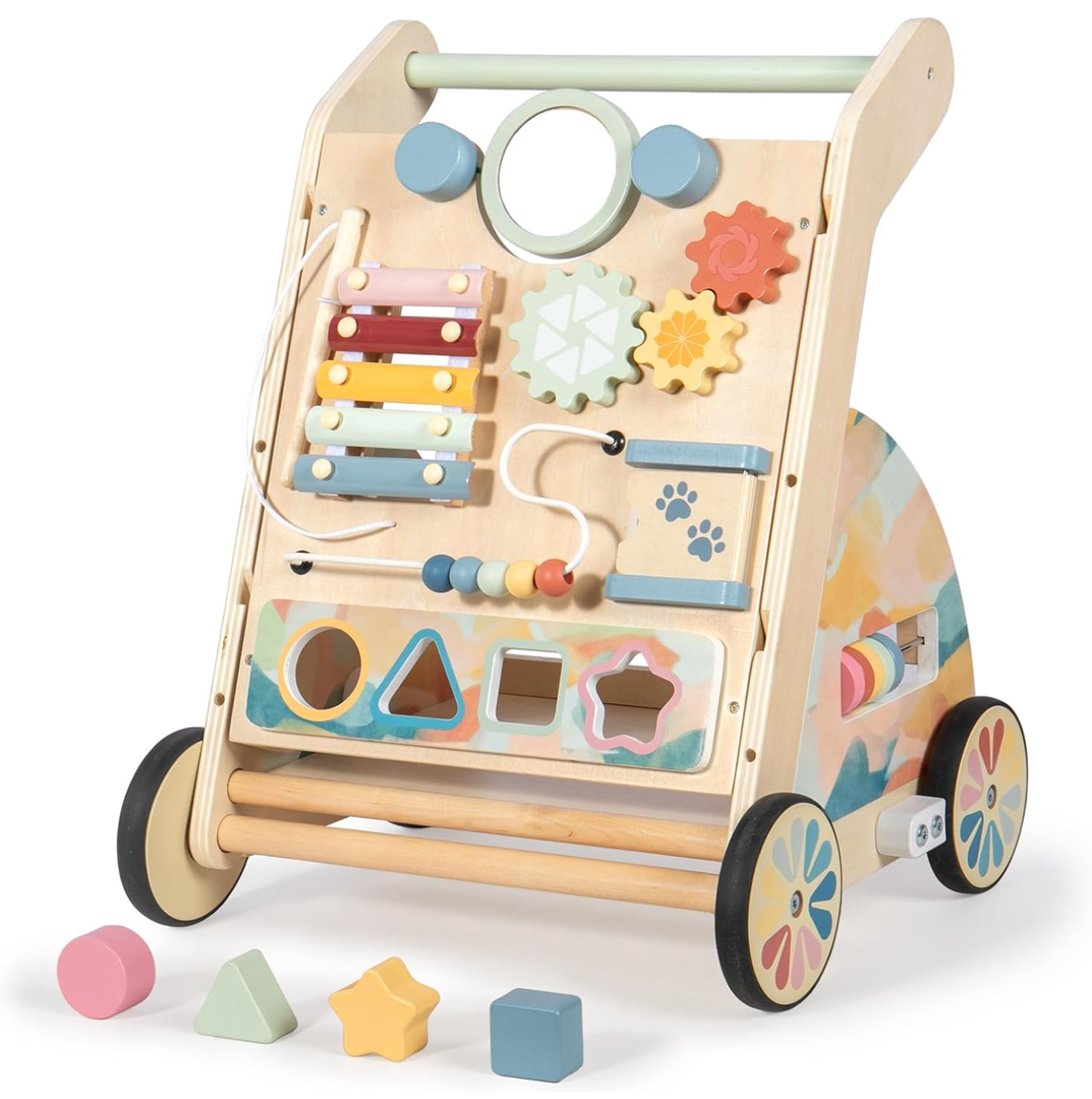 LOLFUN Wooden Baby Walker with Detachable Busy Board, Push Walker for Baby with Adjustable Speed Wheels, Activity Learning Walker for Boys Girls 12 Months