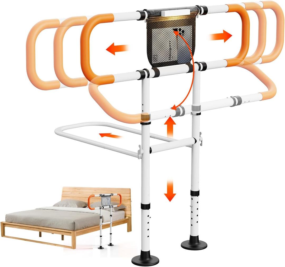 Zelvia Bed Rails for Elderly Adults Safety with Motion Light & Storage Pouch - Retractable & Foldable Bed Handrails Assist Bedrails for Seniors, Surgery Patients & Handicap-White&Orange