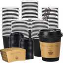 BYSNOW 100 pack 10 oz Thickened Coffee Cups with Lids, Scald Resistant Hot Cups with Sleeve and Straw, To Go Coffee Cups for Home, Office, Cafes and Party (Black 10oz)