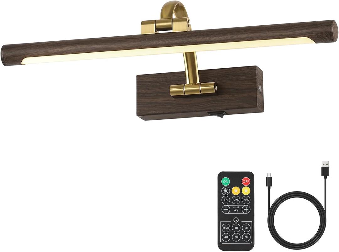 DESOOP Picture Lights for Wall Battery Operated, 3CCT Dimmable Gallery Light with Remote and Timer Wood Grain Finish Art Lighting for Paintings and Portraits, 15.75'' Inch 3W