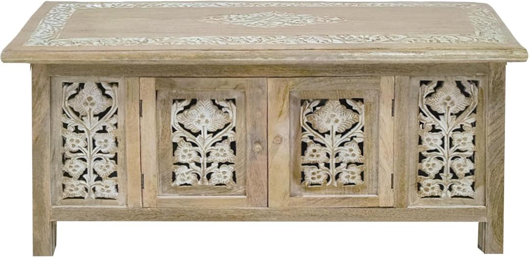 Lightnpro Handmade Wooden Coffee Table - Rectangular Foldable Table with Storage,Intricate Carving, Modern & Contemporary Home Dcor, Compact Living Room Furniture  36 Inch White Wash Finish