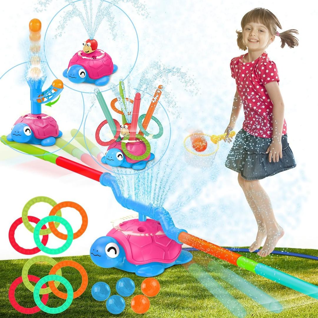 4-in-1 Turtle Water Sprinkler for Kids Summer Toys, Outdoor Toys for Toddlers, Kids Sprinkler Water Toys, Backyard Games for Summer Fun, Backyard Games Splash Water Toys Gifts for Boys Girls Dogs (Pink)